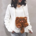 Cute brown plush cat crossbody bag with soft long fur and golden metal chain strap - Brown