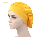 Detail view of smooth orange satin sleep cap with wide elastic band on a model head - Adjustable / Orange