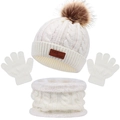 Winter 3-piece set for kids with white knitted beanie, pom-pom, gloves and warm fleece scarf - One Size / White Zirconia Set
