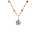 Rose gold beaded chain necklace featuring a round light blue gemstone pendant charm - March Light Blue - Rose Gold
