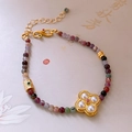 Colorful gemstone bead bracelet with a gold clover pendant and pearl accents - Colorful Flower Bracelet(50#)
