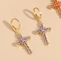 Cross-shaped earrings in golden finish featuring inlaid purple cubic zirconia stones - Purple