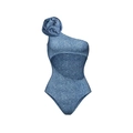 Costume intero denim blu monospalla con fiore 3D e dettaglio cut-out in vita - S / Costume Intero Singolo