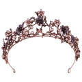 Detailed view of bronze bridal crown with purple crystals and pearls in floral design - Antique Red Copper with Purple Rhinestones