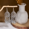 Silver hollow teardrop earrings with metal tassels hanging on a decorative branch - E2874-10/Feather Teardrop Hollow