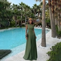 Elegant green one-shoulder evening maxi dress with pleated waist for resort wear - L / Army Green