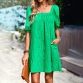 Elegante abito corto verde ricamato con scollo quadrato e tasche per la spiaggia estiva - Taglia S / Verde