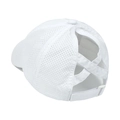 Detail of white mesh baseball cap with criss-cross elastic bands for ponytail - White