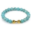 Turquoise beaded bracelet with a golden dumbbell charm featuring LIFE engraving - Turquoise Gold