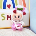 Plush doll outfit with pink plaid overalls, cherry bow, and white love bag accessory - Pink Checkered Cherry Set / First And Second Generation Keychains Are Compatible With La Cloth Dolls. Dolls Not Included.