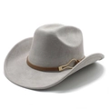 Detail view of light grey felt cowboy hat with brown leather band and gold buckle - M(56-59CM) / Light Gray