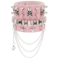 Pink multi-layer PU leather punk bracelet with silver skull charms and metal rivets - Pink Set