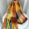 Thick mohair plaid scarf with colorful orange and blue check pattern and fringes - Orange Rainbow