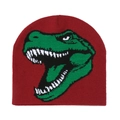 Detailansicht der Strickmütze mit grünem Dinosaurier-Muster auf dunkelrotem Stoffgewebe - M (56-58cm) / Burgunderrot