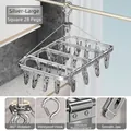 Silver stainless steel square laundry rack with 28 clips and windproof hook - Silver Square - Large 28 Clips