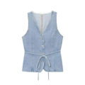 Damen Denim Weste in Hellblau mit V-Ausschnitt, Knöpfen und stilvollem Bindegürtel - XS / Hellblaue Denim-Weste