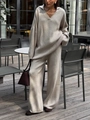 Women's beige V-neck oversized knit sweater and wide-leg trousers two-piece loungewear set - S / Khaki