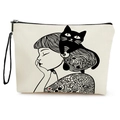 Cream canvas pouch featuring black line art girl and cat illustration with black wrist strap - Girl and Side Cat (xy-084-3) / With Strap