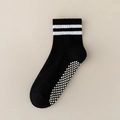 Kids black anti-slip cotton sports socks with white stripes and silicone grippers - Two-Stripe Black (Dotted Flat) / 8mo-2yr XS (Foot 9-12cm)
