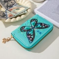 Lake blue PU leather mini wallet with butterfly flower print and clover zipper - Multi-B (Lake Blue Butterfly)
