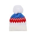 Winter knit beanie with white pompom and colorful blue red wave pattern on white backdrop - Blue-Child