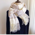 Plaid tassel scarf in cream and purple check pattern on a dark blue sweater - Small Fragrant Grid White