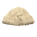 Korean style distressed beige knitted beanie hat with silver rings and safety pin detail - One Size / Beige