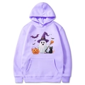 Light purple Halloween hoodie with ghost, pumpkin and bat graphics on white background - Lavender