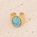 Macro view of gold wide ring with oval turquoise stone and adjustable open band - Turquoise Wide Vintage Style (3#)