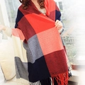 Plaid scarf in red, navy, and grey cashmere-like fabric with elegant fringe hem - Red and Blue Plaid