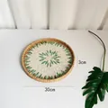30cm round handmade rattan tray featuring a green shell leaf inlay pattern on base - Double Green Leaves / Small 30*3cm