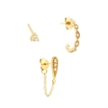 S925 sterling silver gold plated earring set featuring zircon studs and C-hoop with chain - Gold Chain Teardrop 3-Piece Earring Set (#46)