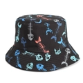Detail of colorful fishbone print on reversible black bucket hat made of cotton fabric - Fishbone