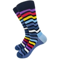 Men's high-top athletic socks with multi-color horizontal stripes and navy trim - 42-46 / Wide and Narrow Multi-color Striped Style (1993D)