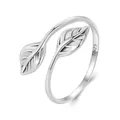 S925 sterling silver leaf open ring with a polished finish and leaf vein textures - Adjustable Open (US Size 8) / Silver Double Leaf Style (SCR975-E)