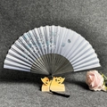 Classic Chinese hand fan with light gray fabric, black bamboo frame and tassel - Lily Butterfly - Plain