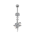 Detailed view of silver heart zircon belly ring with cross star and pearl pendant - Heart Planet / Silver/Heart Zircon