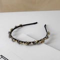 Close-up of luxury black fabric headband with multi-color crystal beads and rhinestones - Style SJ007 / Cross Black Gray