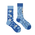 Asymmetric blue French Bulldog crew socks with creative floral and cartoon patterns - Blue Frenchie