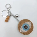 Evil eye keychain with blue rhinestones on leather disc and brown tassel fringe - Khaki
