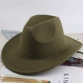 Detail shot of an army green wool felt fedora on a fashion magazine background - Plain Style / Green