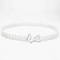 Elegant white pearl waist belt featuring a silver butterfly buckle with rhinestones - Hollow Butterfly Metal Buckle (KL139-26)