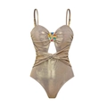 Bikini dorado metalizado con hebilla de pedrería colorida y diseño con recortes - S / Bañador de una Pieza Dorado (Tirantes)