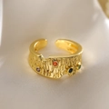 Minimalist gold plated adjustable open ring with colorful stones and bark texture - Gold Tree Bark Multi-Color Stone Style (14183)