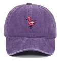 Macro detail of pink flamingo embroidery on vintage washed purple cotton baseball cap - Adjustable / Purple