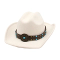 White wide brim felt cowboy hat featuring a leather band with turquoise and metal studs - One Size / White (Sunflower Leather Band)