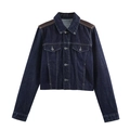 Giacca corta da donna in denim blu scuro con patchwork in pelle marrone e chiusura a bottoni - XS / Tops
