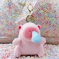 Pink plush capybara keychain with blue nose detail and gold keyring accessory - Runny Nose Pink + Gold Clip