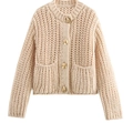 Oatmeal chunky knit cardigan for women featuring unique gold irregular metal buttons - S / Off White