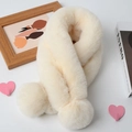Plush cream faux rabbit fur scarf for women featuring two soft decorative pom-poms - Off White